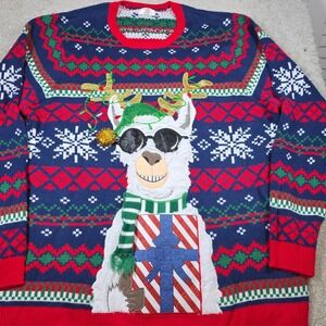 Holiday Time Sweater Mens 2XL Blue Red Pullover Llama Ugly Christmas Long Sleeve